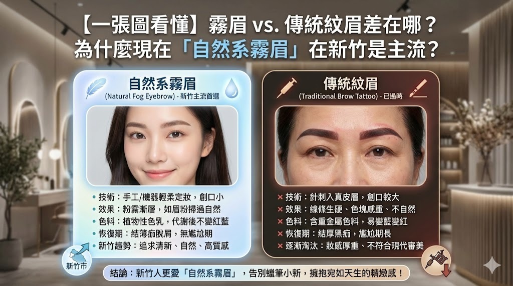 霧眉飄眉傳統紋眉比較表格,新竹SNO沙龍製作,分析持久度與疼痛感。