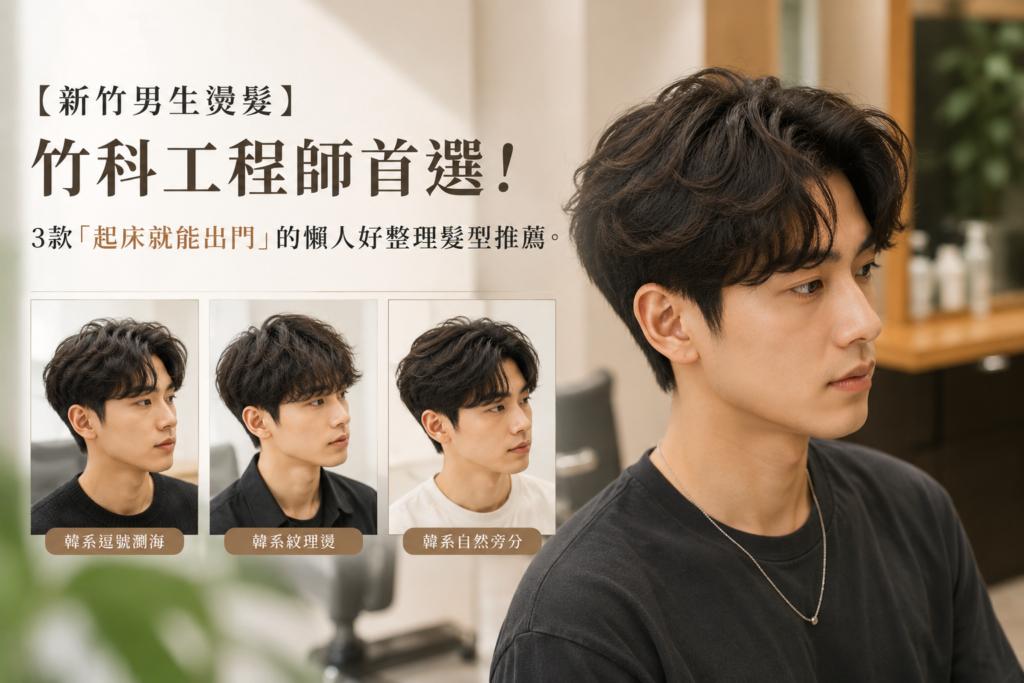 一張橫式部落格封面示意圖，以韓系男生燙髮為主題。畫面右側是一位亞洲年輕男性，留著韓系中短髮紋理燙，頭頂自然蓬鬆、瀏海帶有空氣感，側臉神情自然，呈現「起床吹乾就能出門」的好整理髮型。左側搭配三款不同韓系燙髮造型示意，包括逗號瀏海、韓系紋理燙與自然蓬鬆燙，展現不同捲度與髮流線條。整體採用米棕色電影感色調，明亮自然光與日系高質感髮廊氛圍，適合作為介紹新竹男生韓系燙髮、竹科工程師好整理髮型推薦的部落格封面。