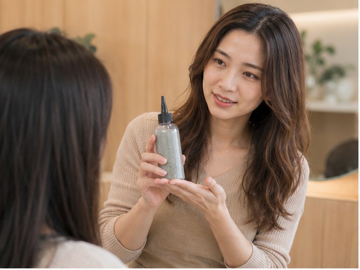 設計師介紹頭皮去角質產品給顧客｜新竹 S.NO 空間共享沙龍