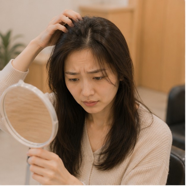 顧客照鏡子看自己頭頂扁塌的頭髮，表情困擾