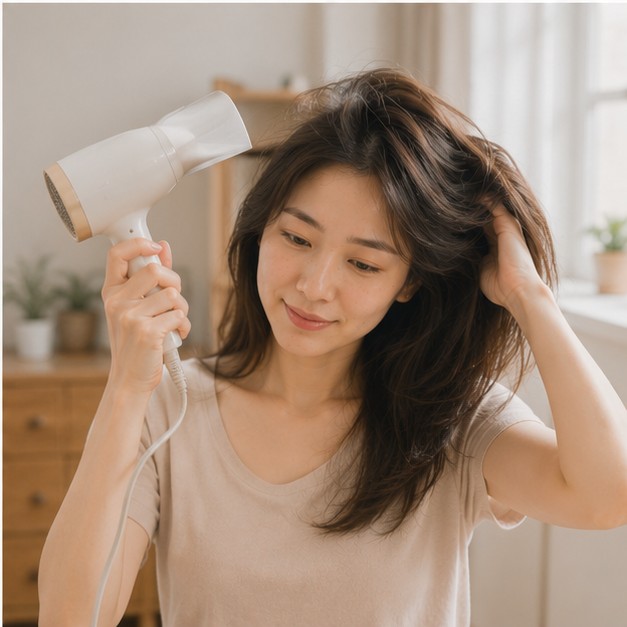 顧客在家中匆忙早晨快速吹頭的畫面