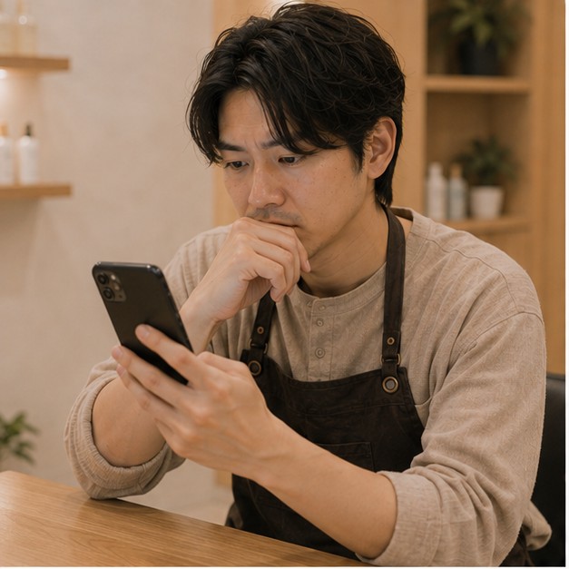 設計師看著手機上的客戶聯絡人清單,表情思考